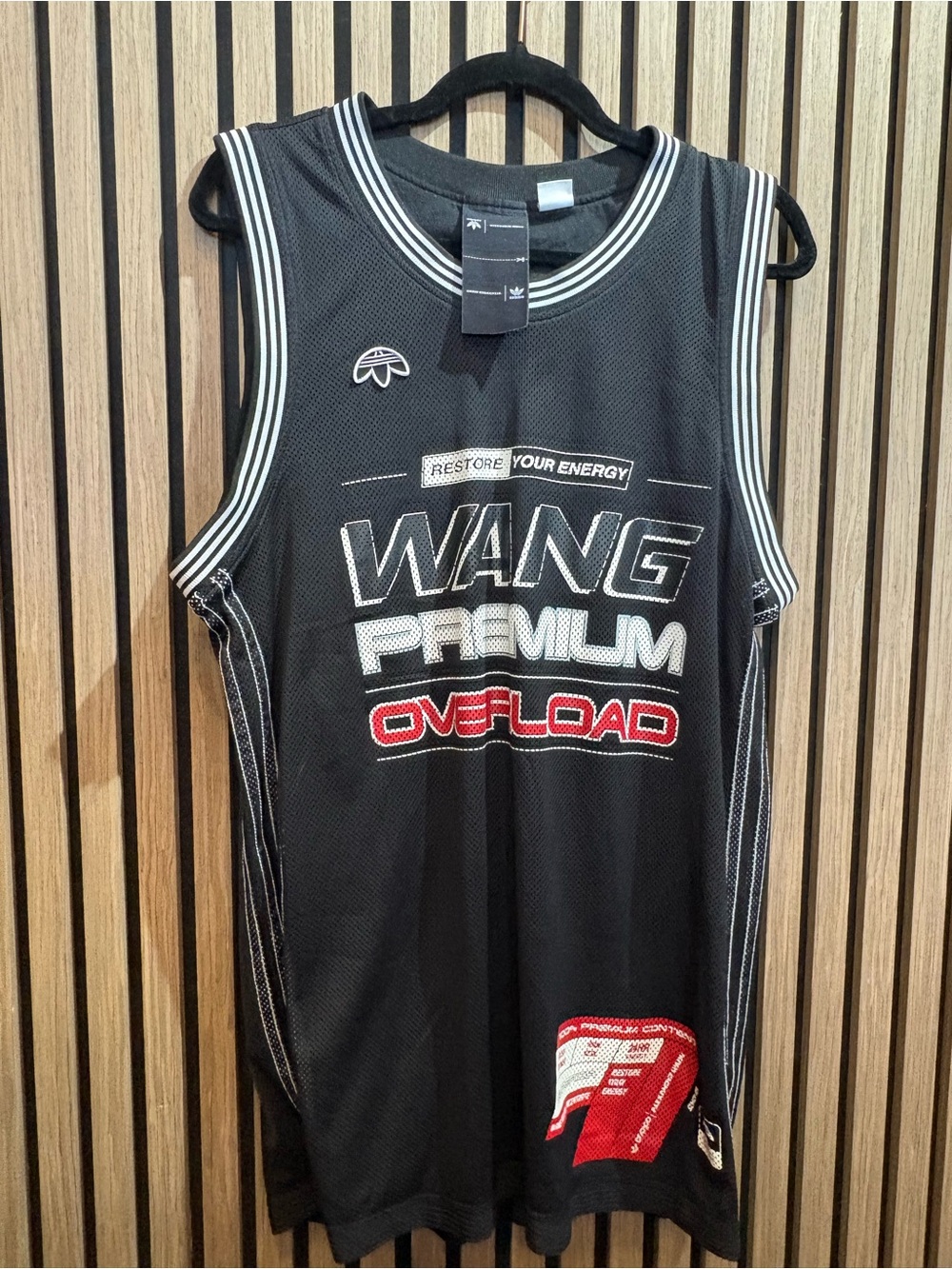 adidas x Alexander Wang Black Sleeveless Mesh Jersey with White & Red Graphics